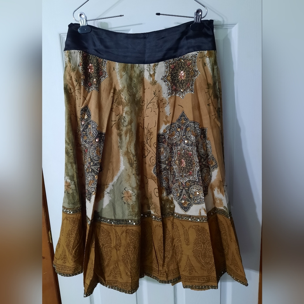 Vintage Boho Sequin Beaded Cotton Print Skirt